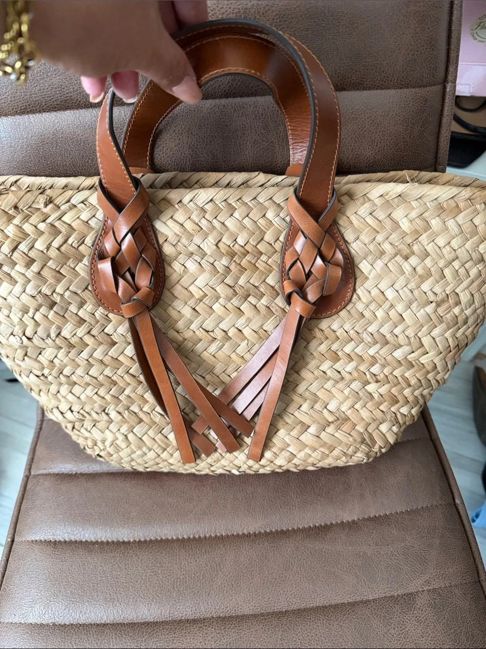 Ulla Johnson Natural Straw Tote with Brown Leather Braided Handles